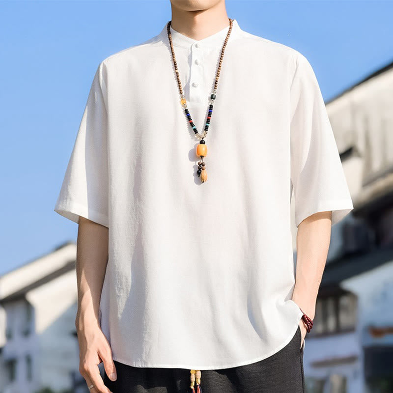 Buddha Stones Lässiges Sommerhemd mit Stehkragen, drei Knöpfen und kurzen Ärmeln für Herren, einfarbig, einfarbig, Kurzarm - Weiß - US/UK/AU48, EU58 (5XL) - image 22