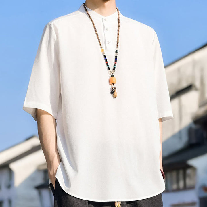 Buddha Stones Lässiges Sommerhemd mit Stehkragen, drei Knöpfen und kurzen Ärmeln für Herren, einfarbig, einfarbig, Kurzarm - image 25