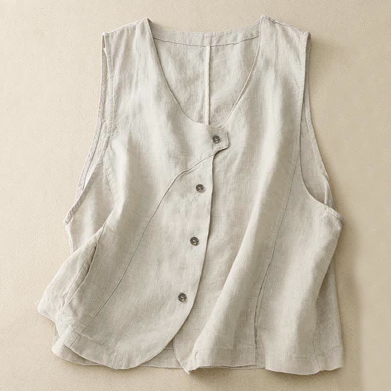 Buddha Stones Lässiges, minimalistisches Sommer-Tanktop mit Knopfleiste und Tasche für Damen. - Beige - US12, UK/AU16, EU44 (2XL) - image 0