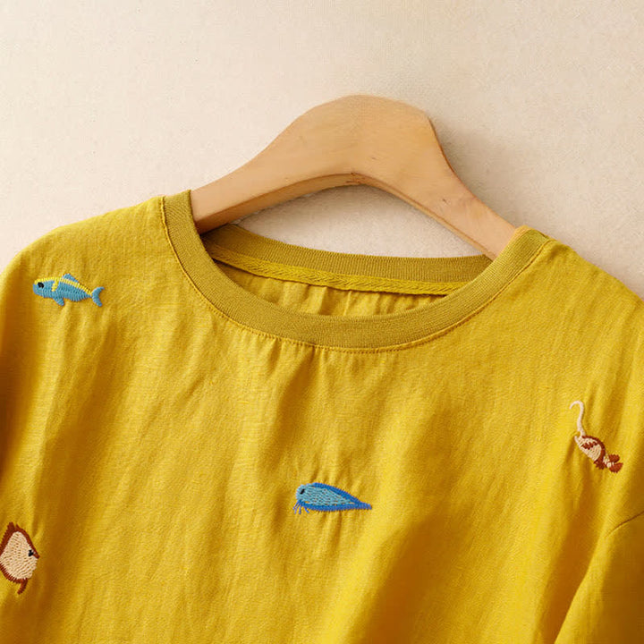 Buddha Stones Lässiges Sommer-T-Shirt mit Fischmotiv und Stickerei, Kurzarm, für Damen - image 2