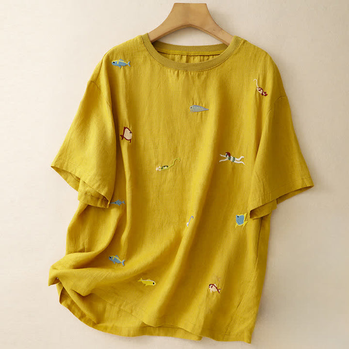 Buddha Stones Lässiges Sommer-T-Shirt mit Fischmotiv und Stickerei, Kurzarm, für Damen - Goldrute - US12, UK/AU16, EU44 (2XL) - image 0