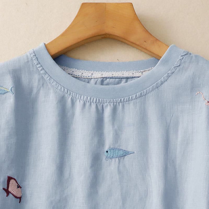 Buddha Stones Lässiges Sommer-T-Shirt mit Fischmotiv und Stickerei, Kurzarm, für Damen - image 11