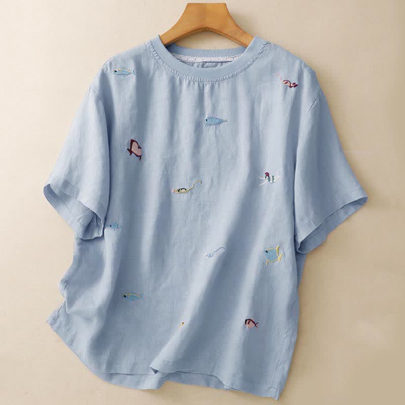 Buddha Stones Lässiges Sommer-T-Shirt mit Fischmotiv und Stickerei, Kurzarm, für Damen - Hellblau - US12, UK/AU16, EU44 (2XL) - image 10