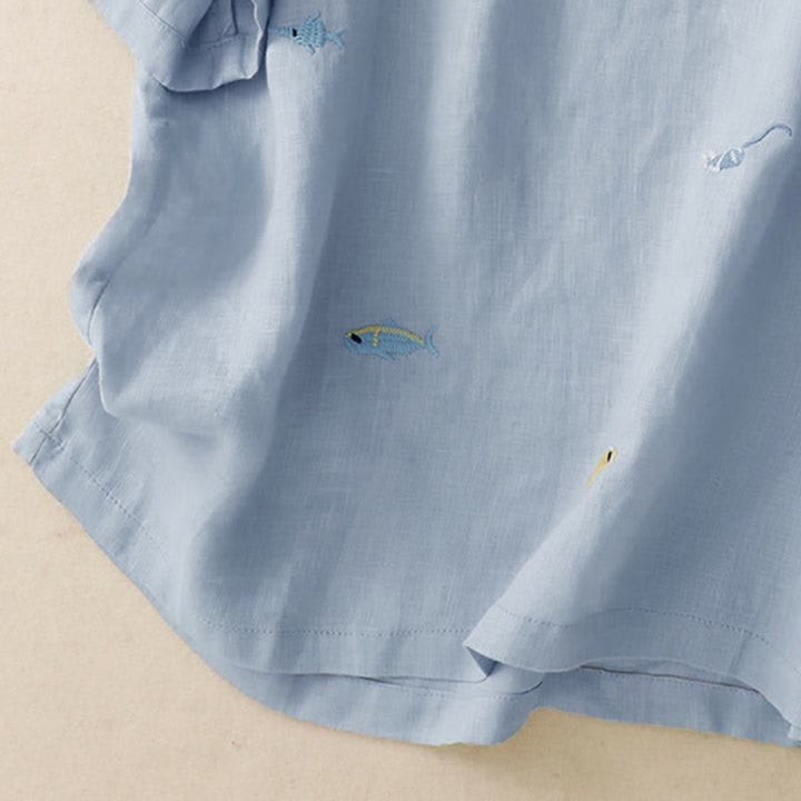 Buddha Stones Lässiges Sommer-T-Shirt mit Fischmotiv und Stickerei, Kurzarm, für Damen - image 15