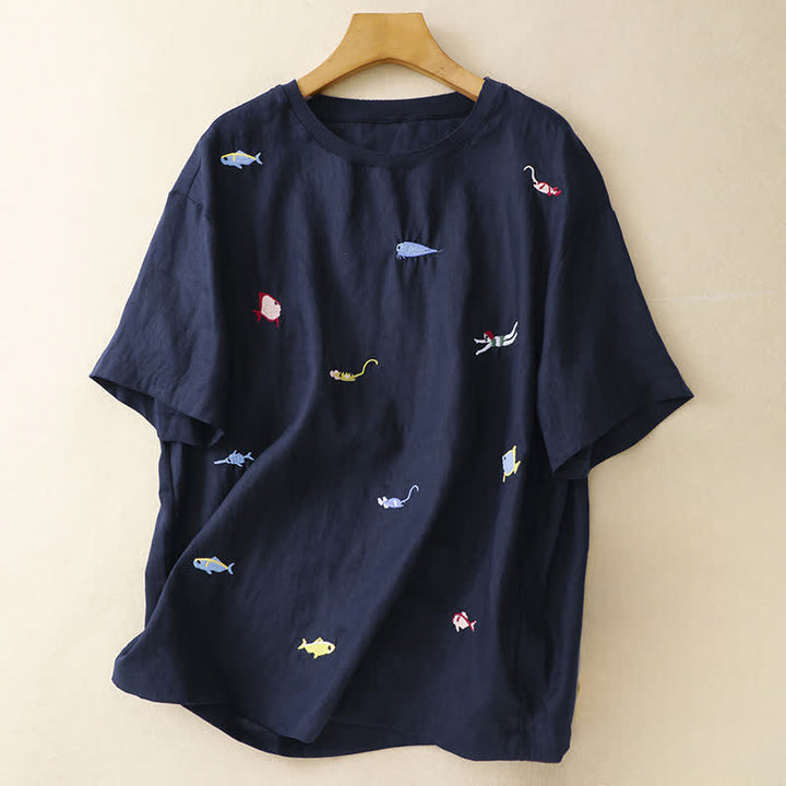 Buddha Stones Lässiges Sommer-T-Shirt mit Fischmotiv und Stickerei, Kurzarm, für Damen - Marine - US12, UK/AU16, EU44 (2XL) - image 16