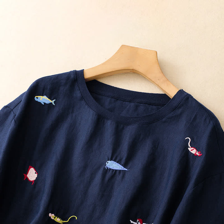 Buddha Stones Lässiges Sommer-T-Shirt mit Fischmotiv und Stickerei, Kurzarm, für Damen - image 17