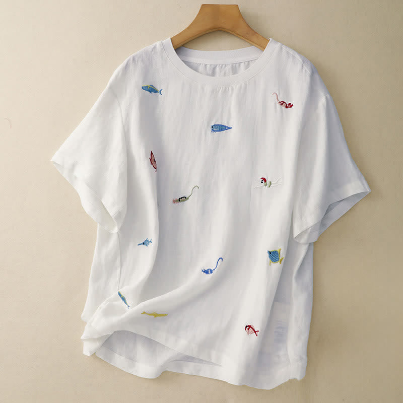 Buddha Stones Lässiges Sommer-T-Shirt mit Fischmotiv und Stickerei, Kurzarm, für Damen - Weiß - US12, UK/AU16, EU44 (2XL) - image 22