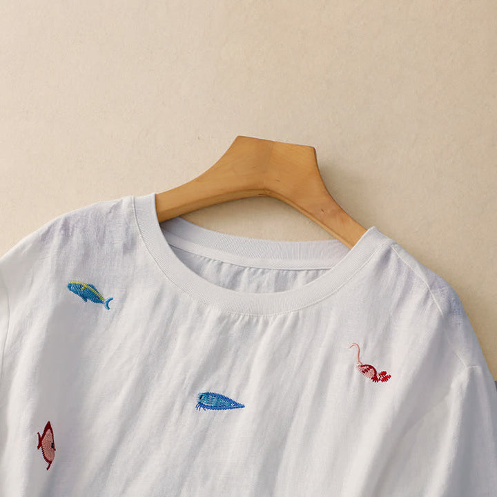 Buddha Stones Lässiges Sommer-T-Shirt mit Fischmotiv und Stickerei, Kurzarm, für Damen - image 23