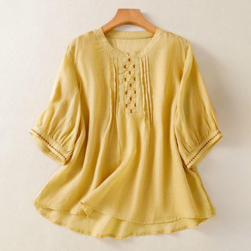 Buddha Stones Sommerliches, lässiges Kurzarm-T-Shirt für Damen mit Stickerei, Falten vorne und einfarbigem Design - Goldrute - US12, UK/AU16, EU44 (2XL) - image 0