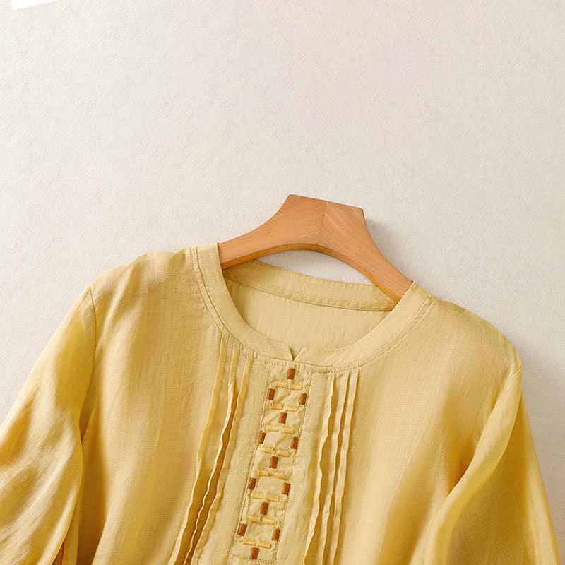 Buddha Stones Sommerliches, lässiges Kurzarm-T-Shirt für Damen mit Stickerei, Falten vorne und einfarbigem Design - image 3