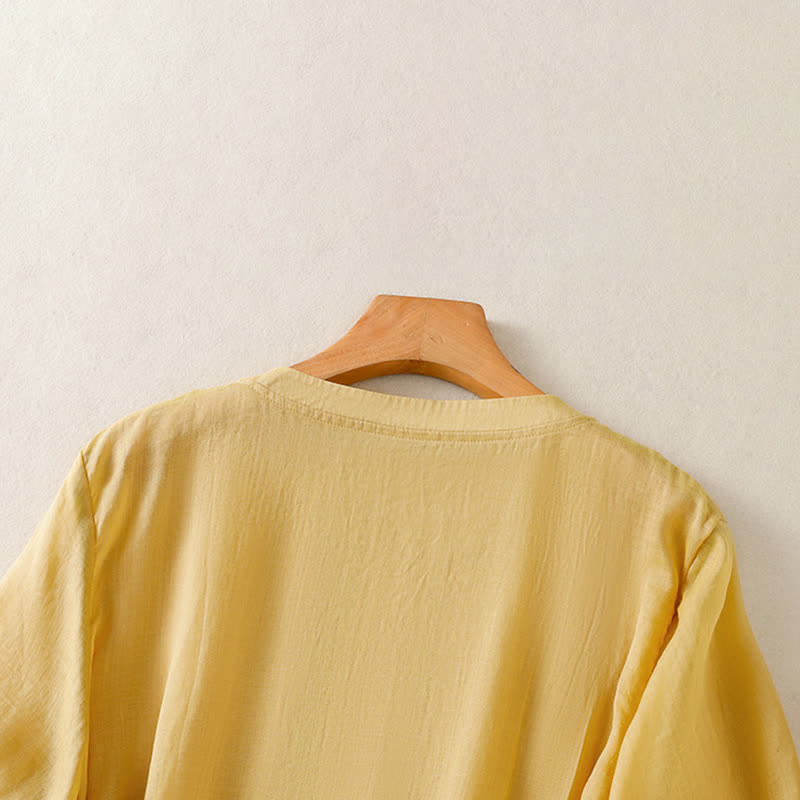 Buddha Stones Sommerliches, lässiges Kurzarm-T-Shirt für Damen mit Stickerei, Falten vorne und einfarbigem Design - image 4