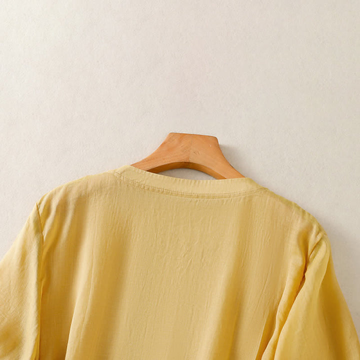 Buddha Stones Sommerliches, lässiges Kurzarm-T-Shirt für Damen mit Stickerei, Falten vorne und einfarbigem Design - image 4