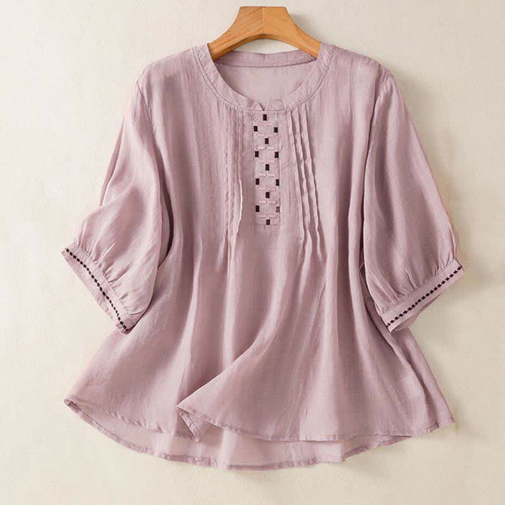 Buddha Stones Sommerliches, lässiges Kurzarm-T-Shirt für Damen mit Stickerei, Falten vorne und einfarbigem Design - Distel - US12, UK/AU16, EU44 (2XL) - image 8