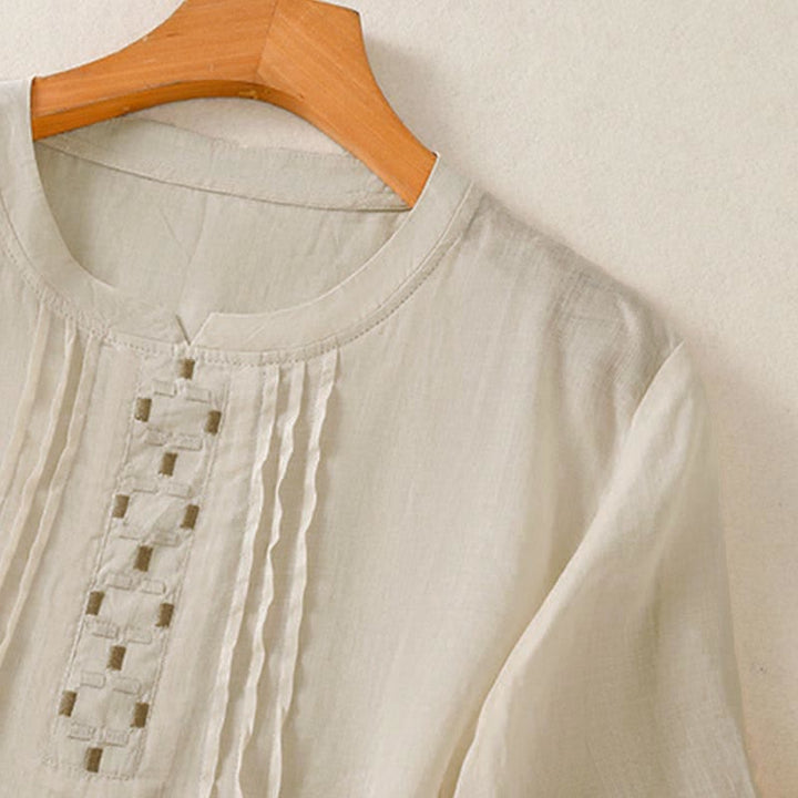 Buddha Stones Sommerliches, lässiges Kurzarm-T-Shirt für Damen mit Stickerei, Falten vorne und einfarbigem Design - image 18