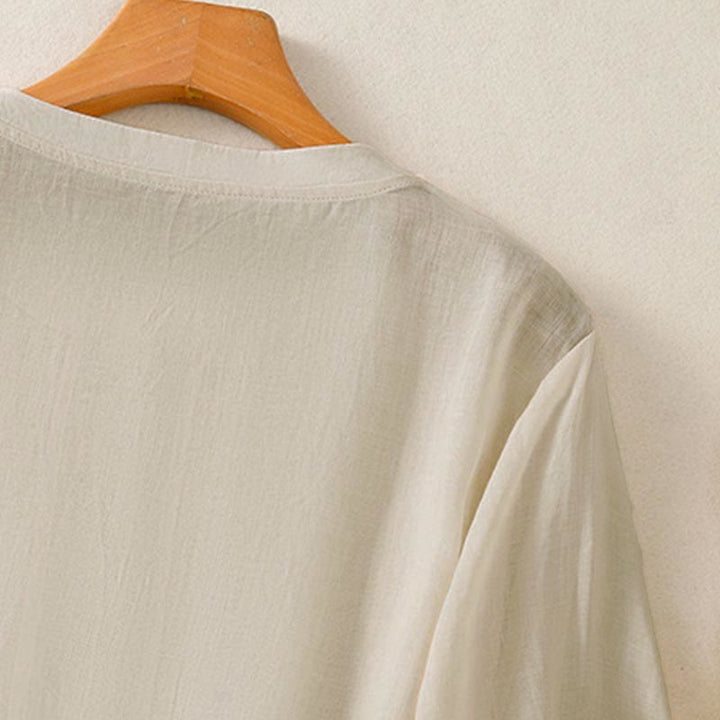Buddha Stones Sommerliches, lässiges Kurzarm-T-Shirt für Damen mit Stickerei, Falten vorne und einfarbigem Design - image 19