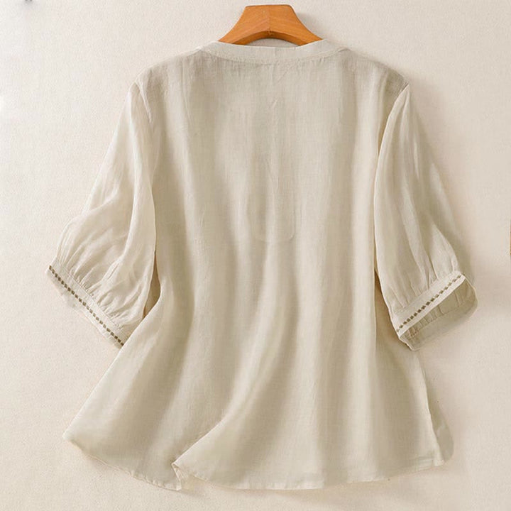 Buddha Stones Sommerliches, lässiges Kurzarm-T-Shirt für Damen mit Stickerei, Falten vorne und einfarbigem Design - image 16