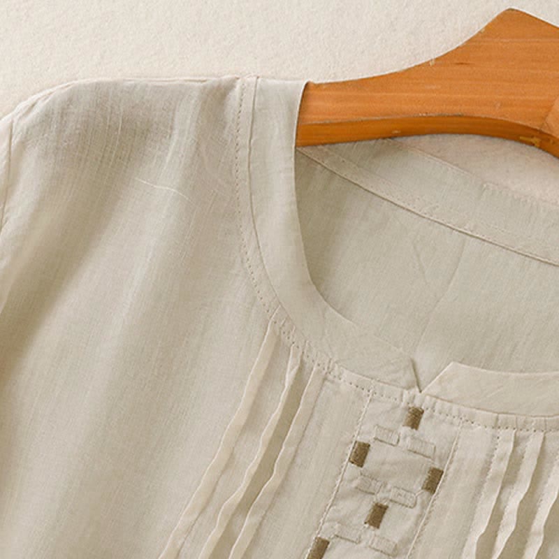 Buddha Stones Sommerliches, lässiges Kurzarm-T-Shirt für Damen mit Stickerei, Falten vorne und einfarbigem Design - image 17