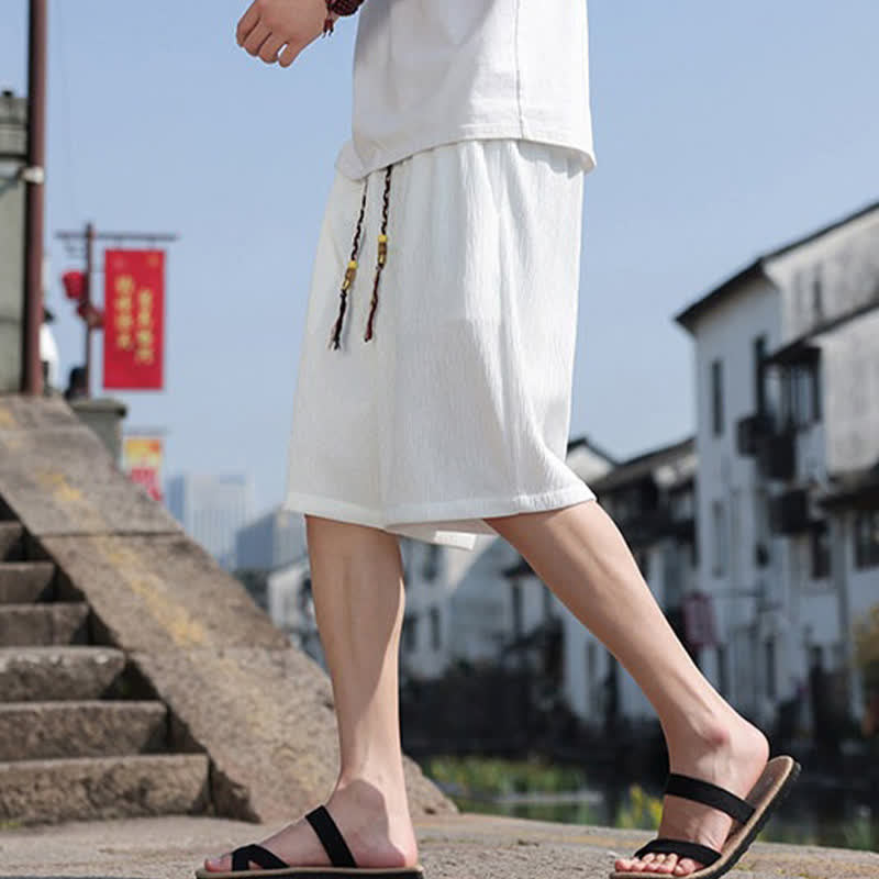 Buddha Stones Lässige Sommer-Bermudashorts mit Kordelzug, einfarbig, gerades Bein, mit Taschen - image 3