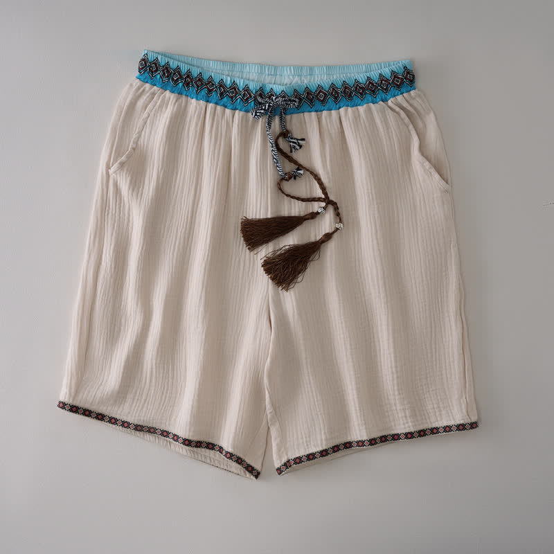 Buddha Stones Sommerliche Boho-Freizeit-Bermuda-Shorts mit Kordelzug, geometrischem Muster, geradem Bein und Taschen für Herren - Beige - US/UK/AU44, EU54 (3XL) - image 0