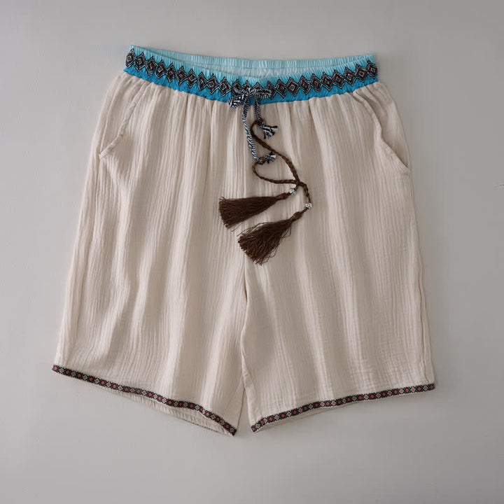 Buddha Stones Sommerliche Boho-Freizeit-Bermuda-Shorts mit Kordelzug, geometrischem Muster, geradem Bein und Taschen für Herren - Beige - US/UK/AU44, EU54 (3XL) - image 0
