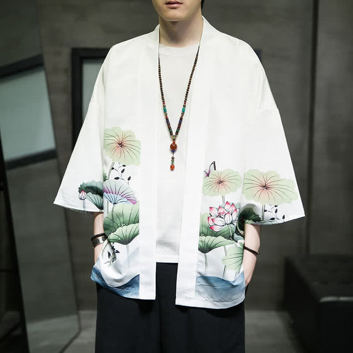 Buddha Stones Lässiger Sommerkimono für Herren mit Lotusblättern, Schmetterlings- und Kranichmuster und offener Vorderseite - Weiß - US/UK/AU46, EU56 (5XL) - image 0