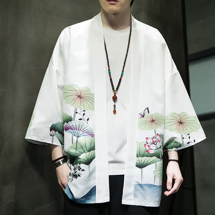 Buddha Stones Lässiger Sommerkimono für Herren mit Lotusblättern, Schmetterlings- und Kranichmuster und offener Vorderseite - image 11