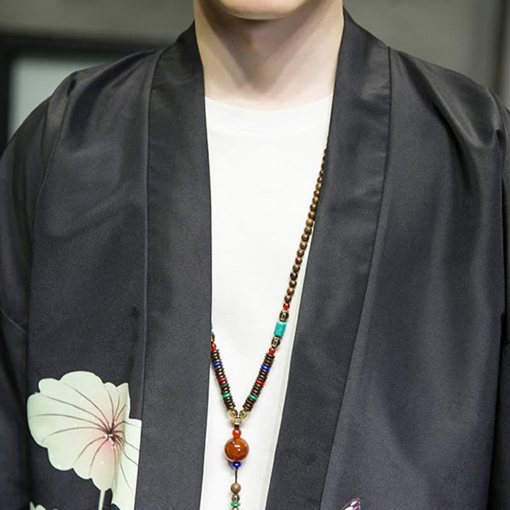 Buddha Stones Lässiger Sommerkimono für Herren mit Lotusblättern, Schmetterlings- und Kranichmuster und offener Vorderseite - image 21