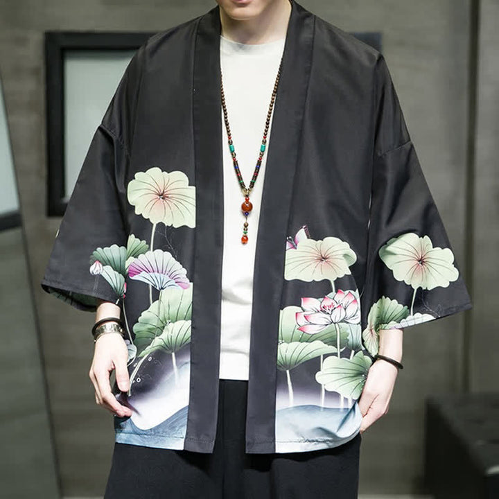 Buddha Stones Lässiger Sommerkimono für Herren mit Lotusblättern, Schmetterlings- und Kranichmuster und offener Vorderseite - image 15