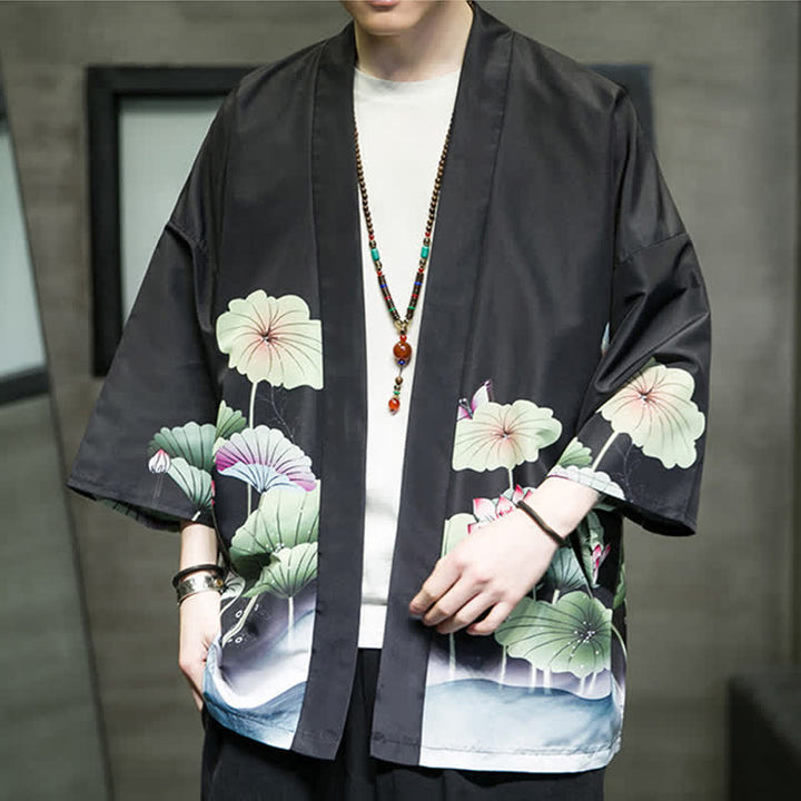 Buddha Stones Lässiger Sommerkimono für Herren mit Lotusblättern, Schmetterlings- und Kranichmuster und offener Vorderseite - image 19
