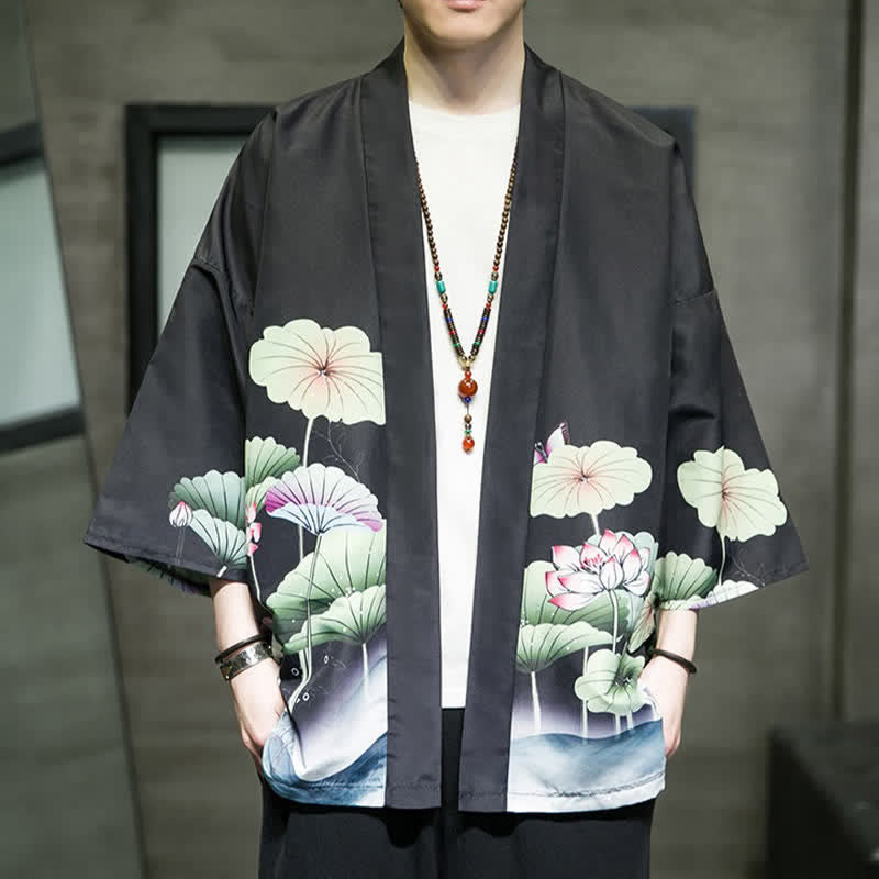 Buddha Stones Lässiger Sommerkimono für Herren mit Lotusblättern, Schmetterlings- und Kranichmuster und offener Vorderseite - Schwarz - US/UK/AU46, EU56 (5XL) - image 12