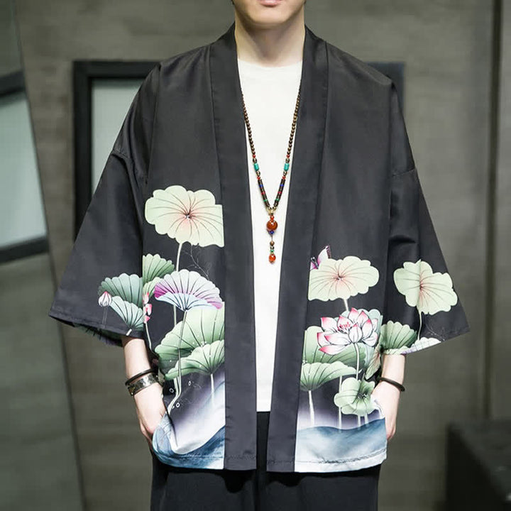 Buddha Stones Lässiger Sommerkimono für Herren mit Lotusblättern, Schmetterlings- und Kranichmuster und offener Vorderseite - Schwarz - US/UK/AU46, EU56 (5XL) - image 12
