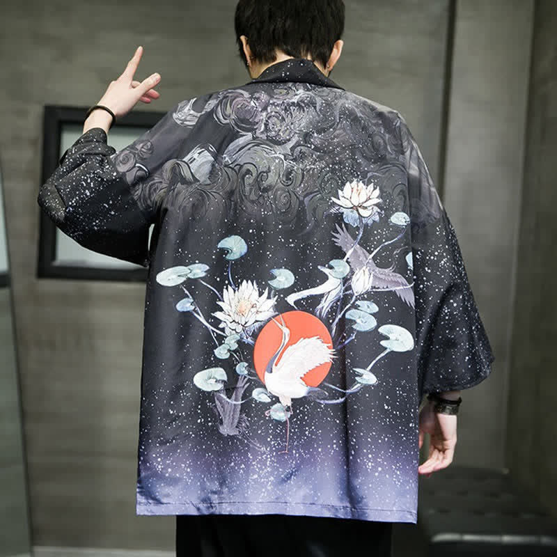 Buddha Stones Lässiger Sommerkimono für Herren mit Lotusblättern, Schmetterlings- und Kranichmuster und offener Vorderseite - image 31