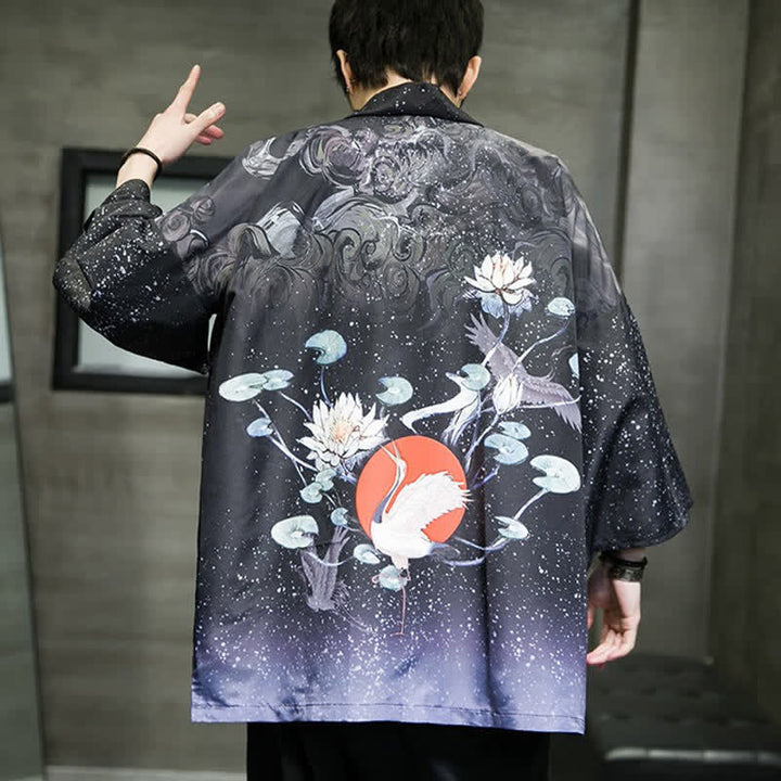 Buddha Stones Lässiger Sommerkimono für Herren mit Lotusblättern, Schmetterlings- und Kranichmuster und offener Vorderseite - image 31