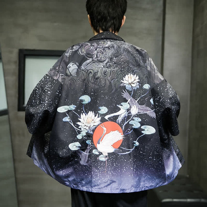 Buddha Stones Lässiger Sommerkimono für Herren mit Lotusblättern, Schmetterlings- und Kranichmuster und offener Vorderseite - image 30