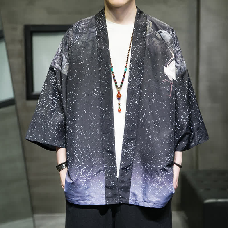 Buddha Stones Lässiger Sommerkimono für Herren mit Lotusblättern, Schmetterlings- und Kranichmuster und offener Vorderseite - Dunkelschieferblau - US/UK/AU46, EU56 (5XL) - image 24