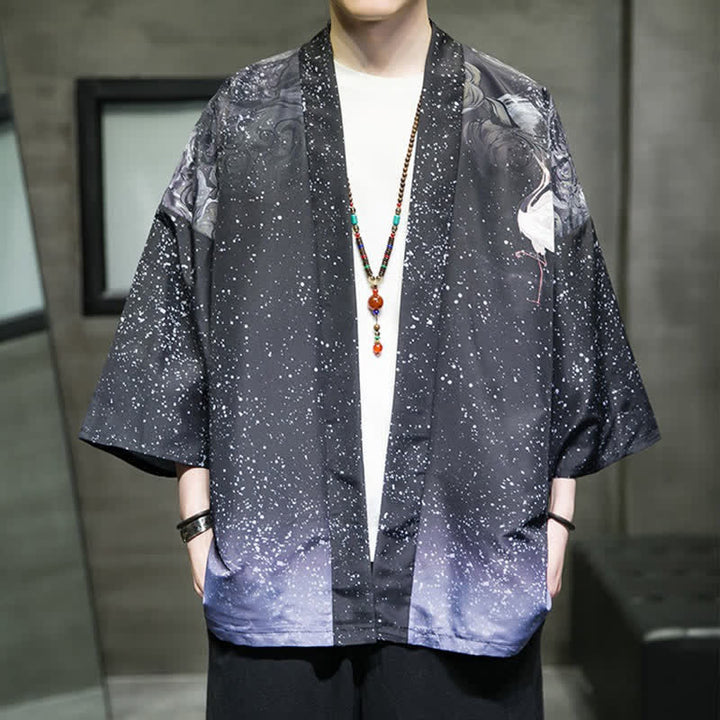 Buddha Stones Lässiger Sommerkimono für Herren mit Lotusblättern, Schmetterlings- und Kranichmuster und offener Vorderseite - Dunkelschieferblau - US/UK/AU46, EU56 (5XL) - image 24
