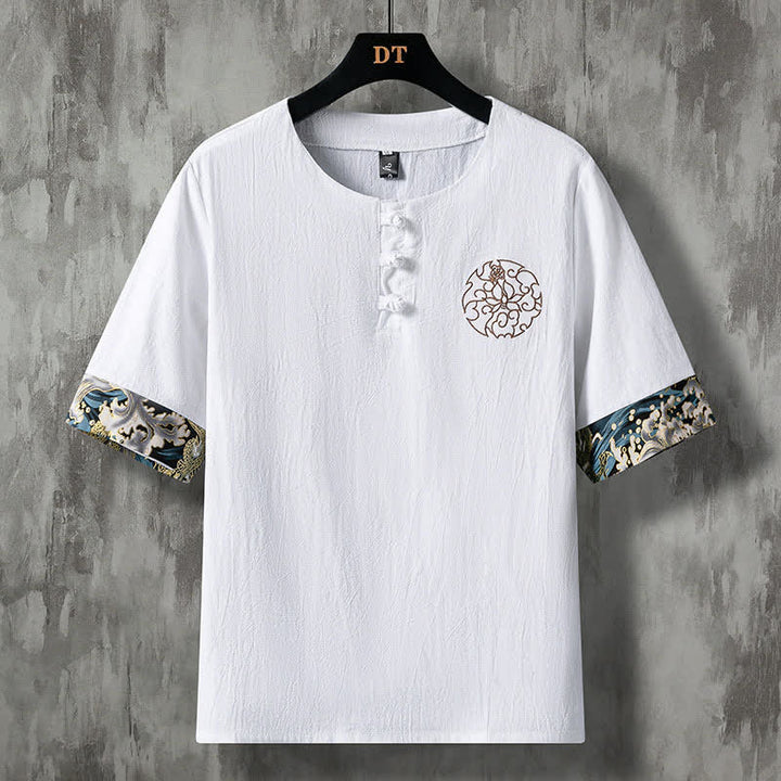 Buddha Stones Lässige Herren-Kurzarmhemden mit Froschknopf- und Blumenstickerei - Weiß - US/UK/AU48, EU58 (5XL) - image 0