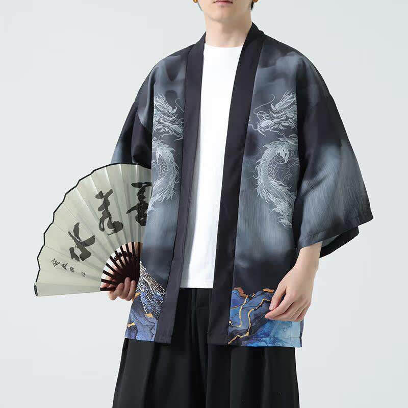 Buddha Stones Sommerlicher, lässiger Kimono mit Drachenmotiv und offener Vorderseite für Herren - image 2