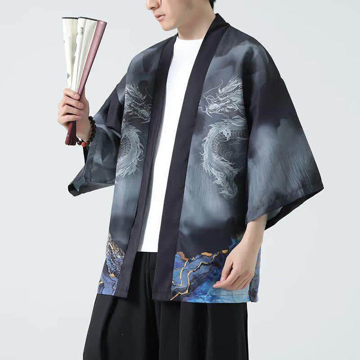 Buddha Stones Sommerlicher, lässiger Kimono mit Drachenmotiv und offener Vorderseite für Herren - image 1