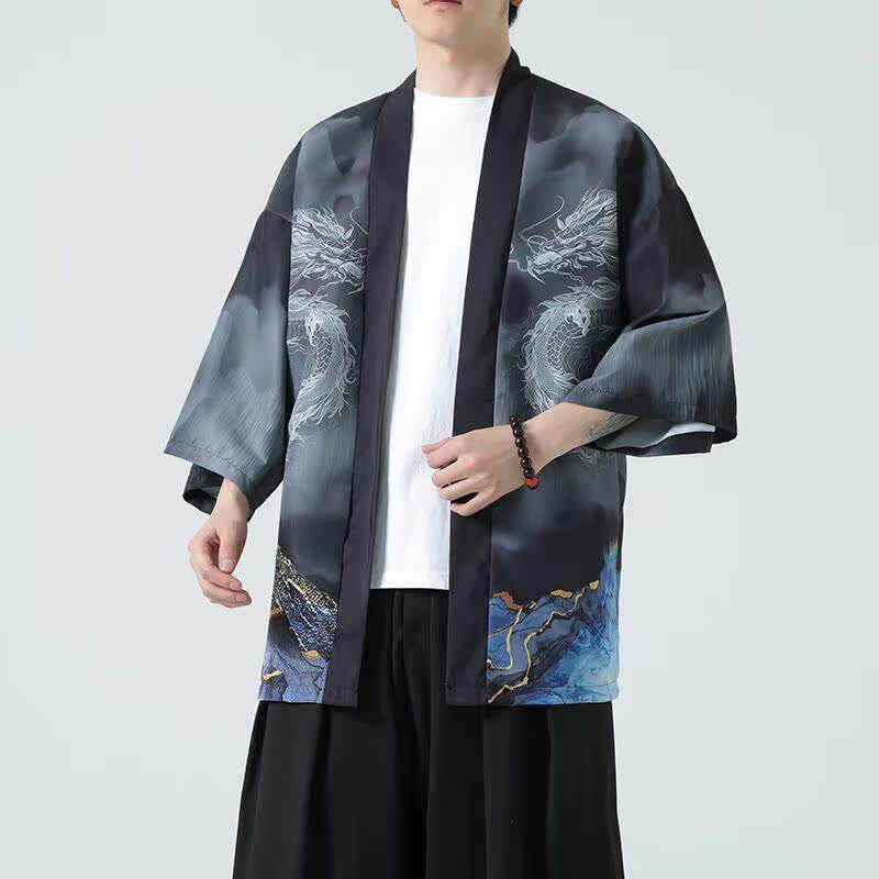 Buddha Stones Sommerlicher, lässiger Kimono mit Drachenmotiv und offener Vorderseite für Herren - Schwarz - US/UK/AU48, EU58 (5XL) - image 0