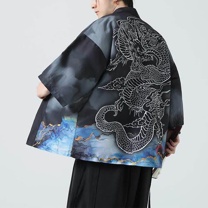 Buddha Stones Sommerlicher, lässiger Kimono mit Drachenmotiv und offener Vorderseite für Herren - image 3