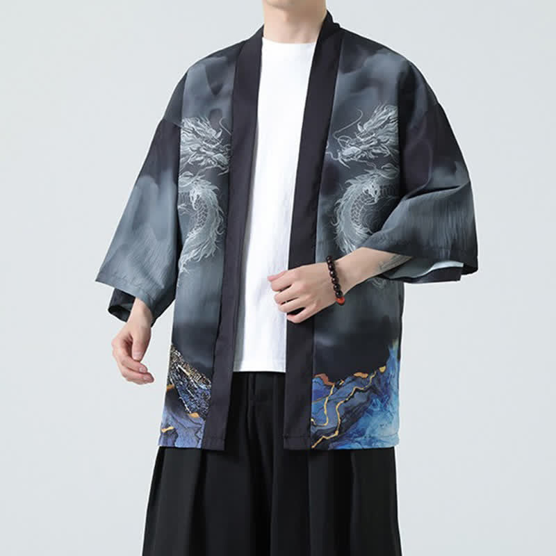 Buddha Stones Sommerlicher, lässiger Kimono mit Drachenmotiv und offener Vorderseite für Herren - image 5
