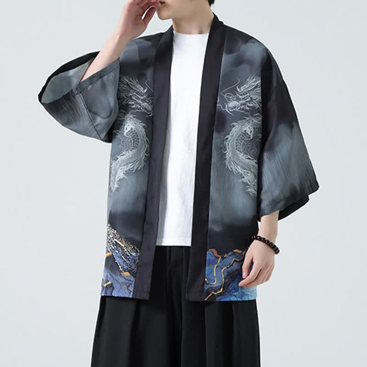 Buddha Stones Sommerlicher, lässiger Kimono mit Drachenmotiv und offener Vorderseite für Herren - image 4