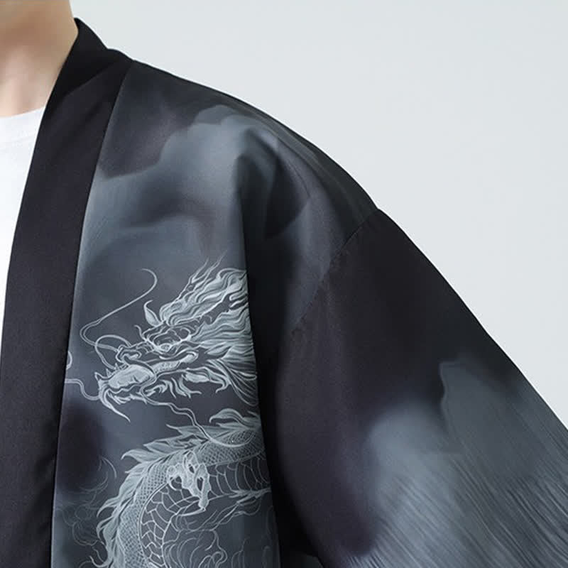 Buddha Stones Sommerlicher, lässiger Kimono mit Drachenmotiv und offener Vorderseite für Herren - image 11