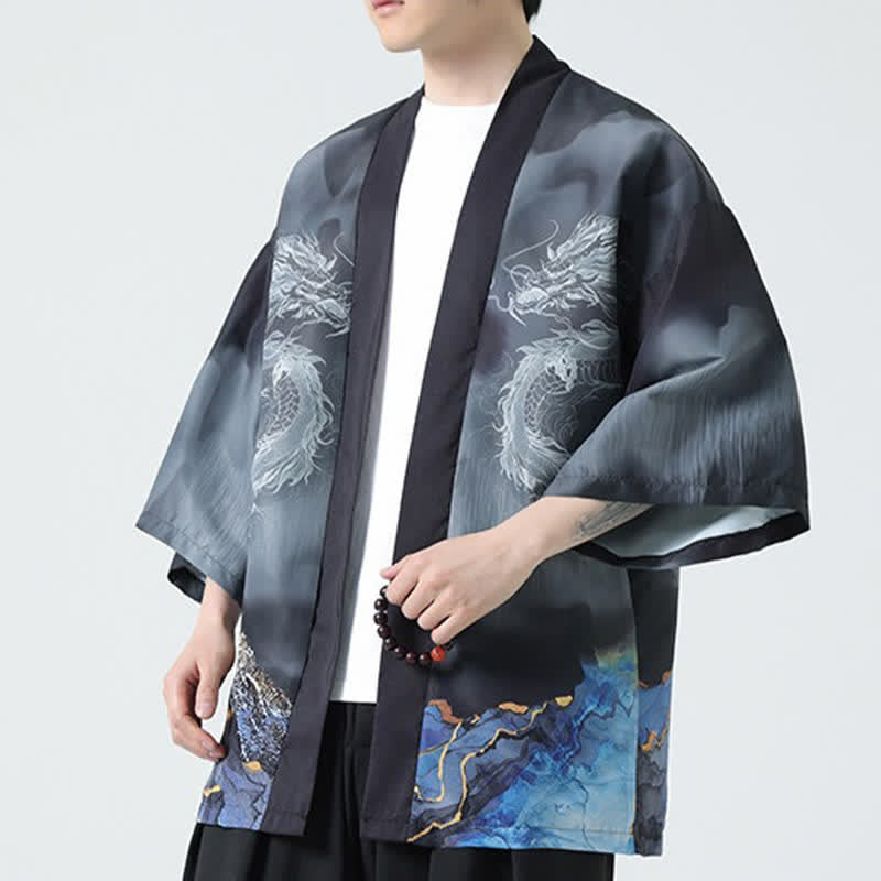 Buddha Stones Sommerlicher, lässiger Kimono mit Drachenmotiv und offener Vorderseite für Herren - image 6