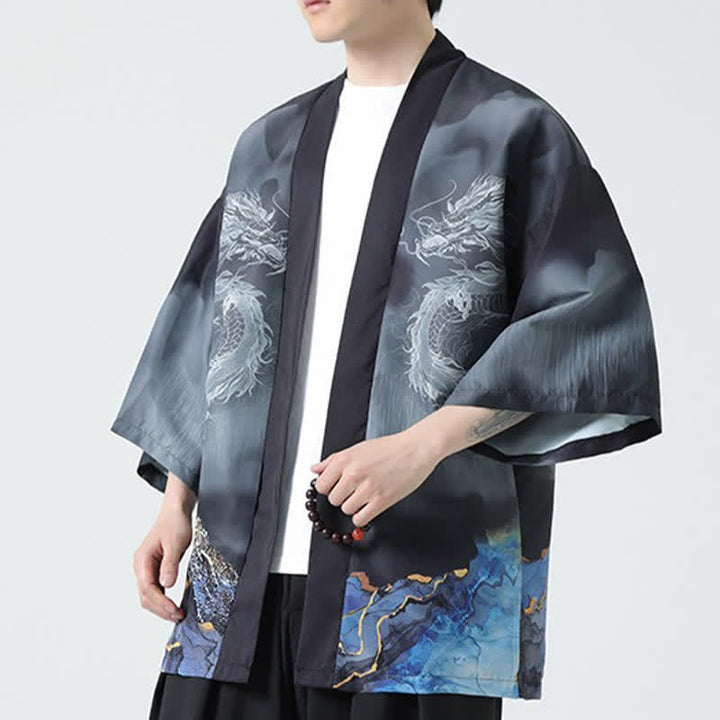 Buddha Stones Sommerlicher, lässiger Kimono mit Drachenmotiv und offener Vorderseite für Herren - image 6