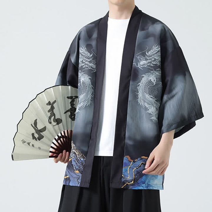 Buddha Stones Sommerlicher, lässiger Kimono mit Drachenmotiv und offener Vorderseite für Herren - image 8