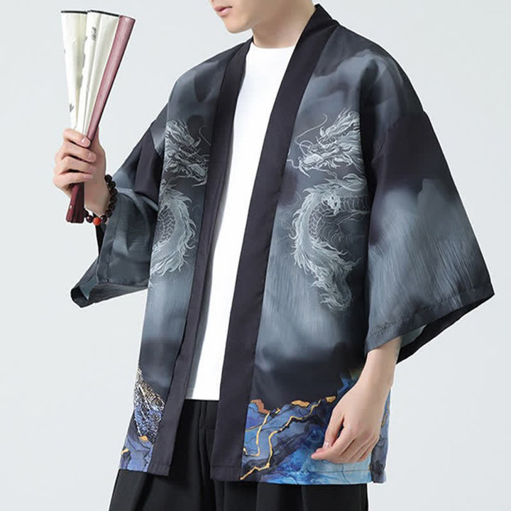 Buddha Stones Sommerlicher, lässiger Kimono mit Drachenmotiv und offener Vorderseite für Herren - image 7