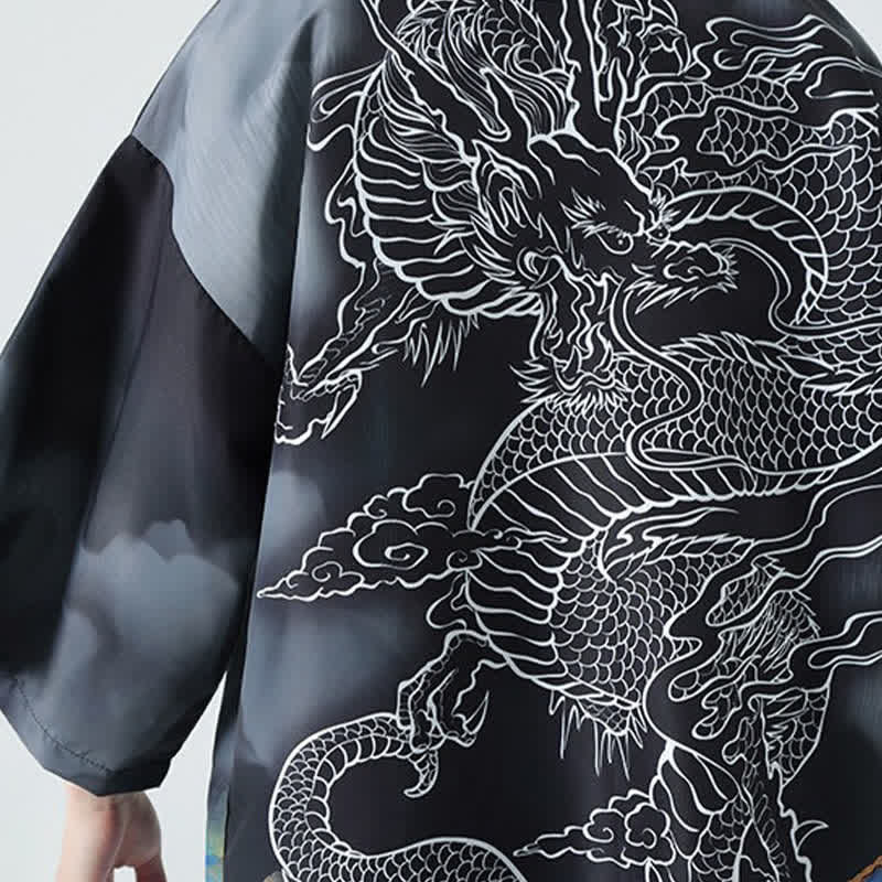 Buddha Stones Sommerlicher, lässiger Kimono mit Drachenmotiv und offener Vorderseite für Herren - image 12
