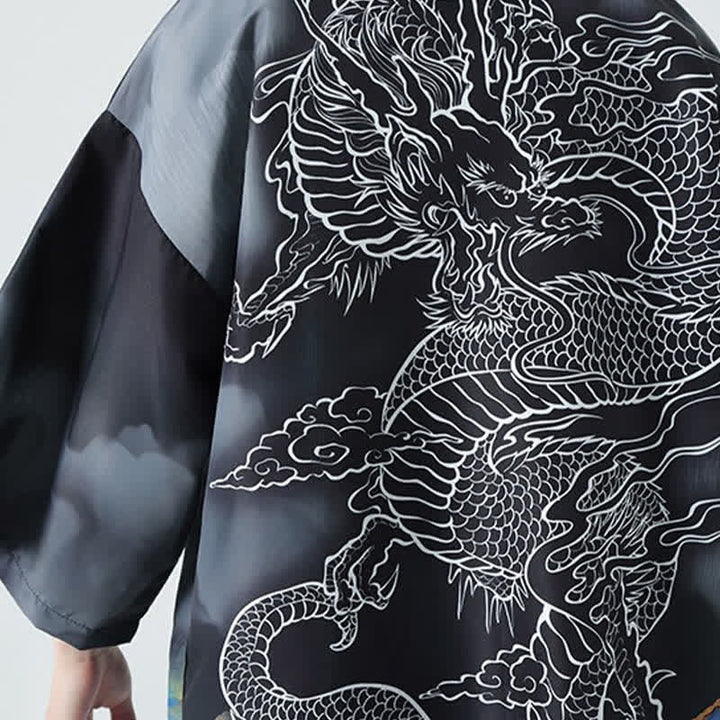 Buddha Stones Sommerlicher, lässiger Kimono mit Drachenmotiv und offener Vorderseite für Herren - image 12